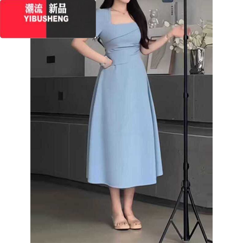 YIBUSHENG大码法式方领气质连衣裙季胖mm显瘦修身御姐温柔风收腰简约长裙高清大图
