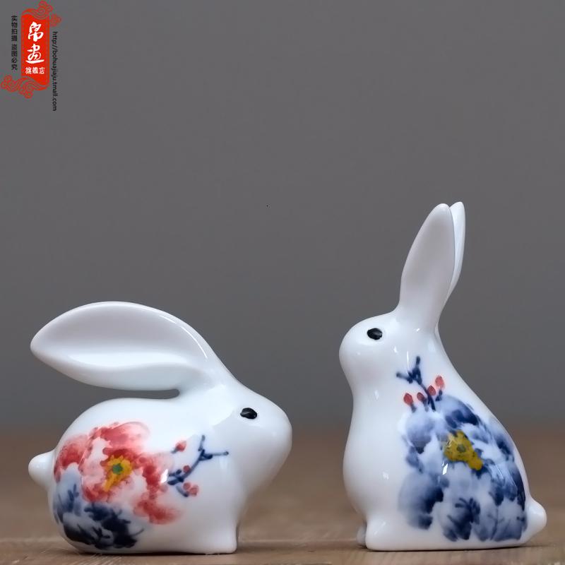 兔子摆件陶瓷饰品创意可爱客厅兔子摆设景德镇青花手绘兔子工艺品 三维工匠 1高清大图