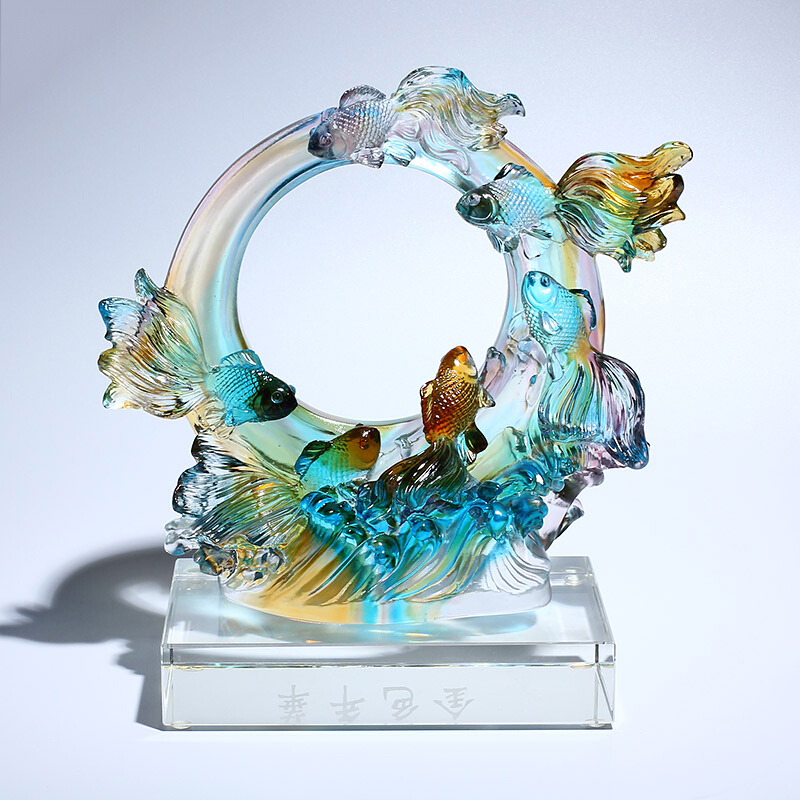 礼氏嘉 礼品乔迁金鱼水晶摆件琉璃工艺品家居饰品轻奢玄关柜搬家新居