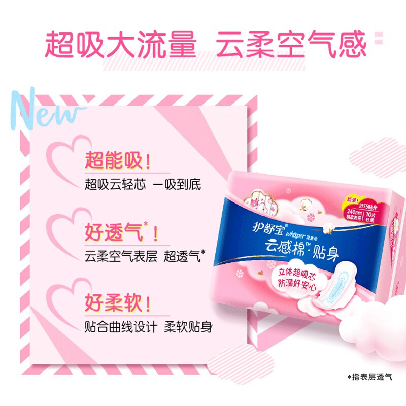 护舒宝(Whisper) 云感棉极薄卫生巾组合2x38182+38212 日用240mm*20片+夜用284mm*10片高清大图