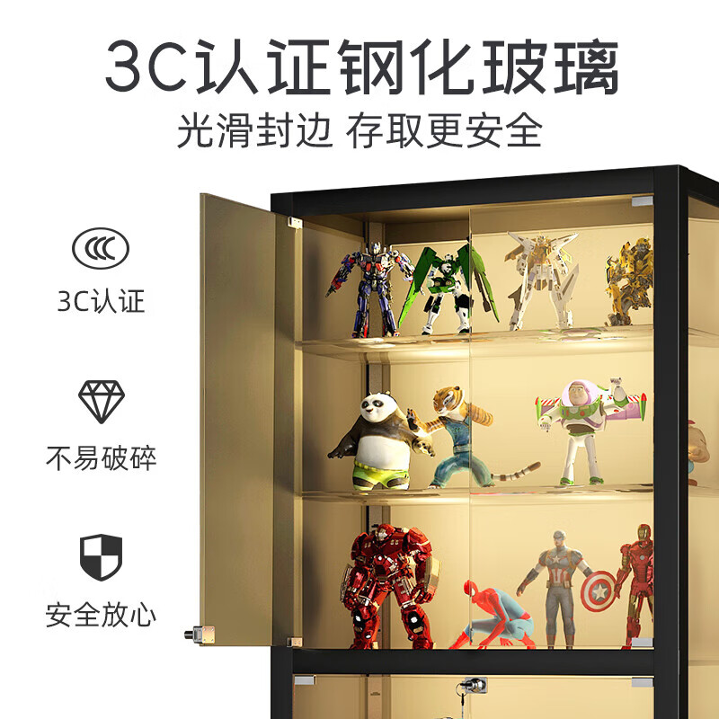 晋舰手办展示柜玩具模型展示架带灯玻璃柜子黑色单门五层50*50*180cm高清大图