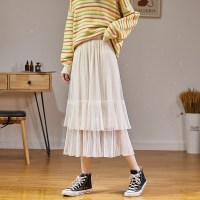 唐狮2021春夏新款半身裙女中长款韩版仙女裙高腰网纱蛋糕裙百褶裙 L 杏色
