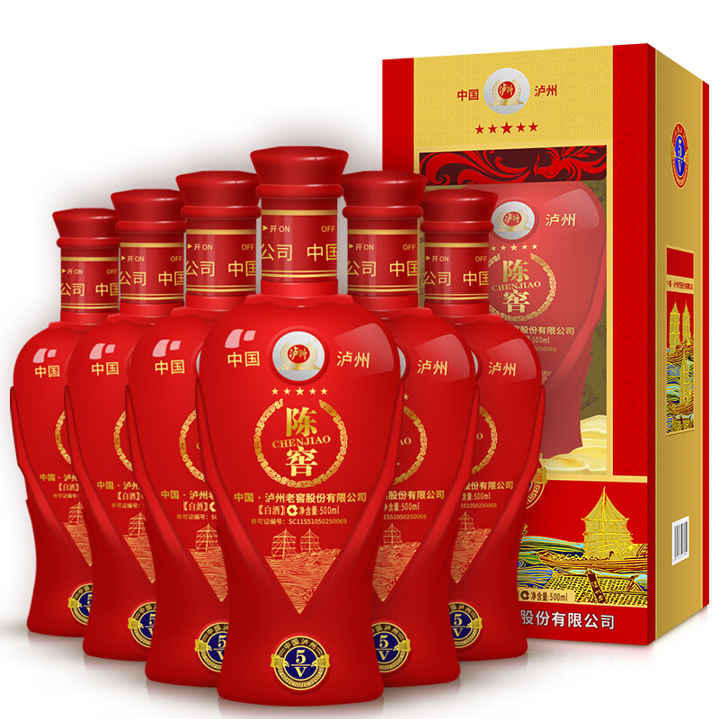 泸州老窖52度白酒陈窖5v红瓶婚宴喜酒节日送礼500ml6瓶整箱装