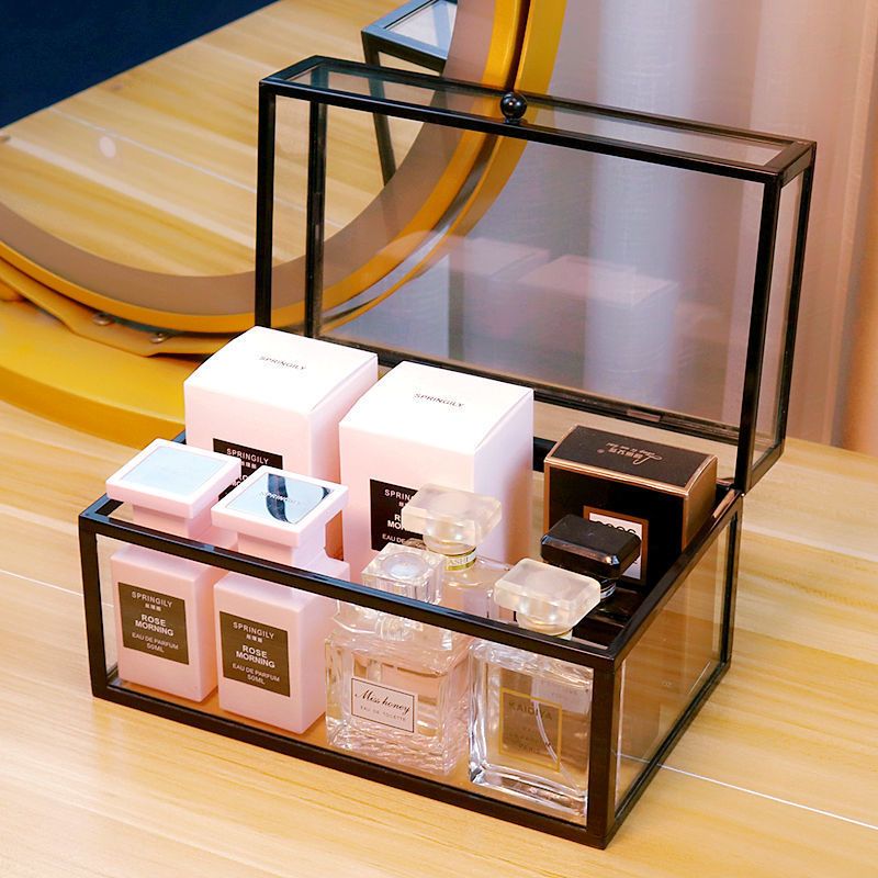 香水收纳盒防尘透明化妆品香水玻璃展示架梳妆台护肤品桌面收纳盒黑色