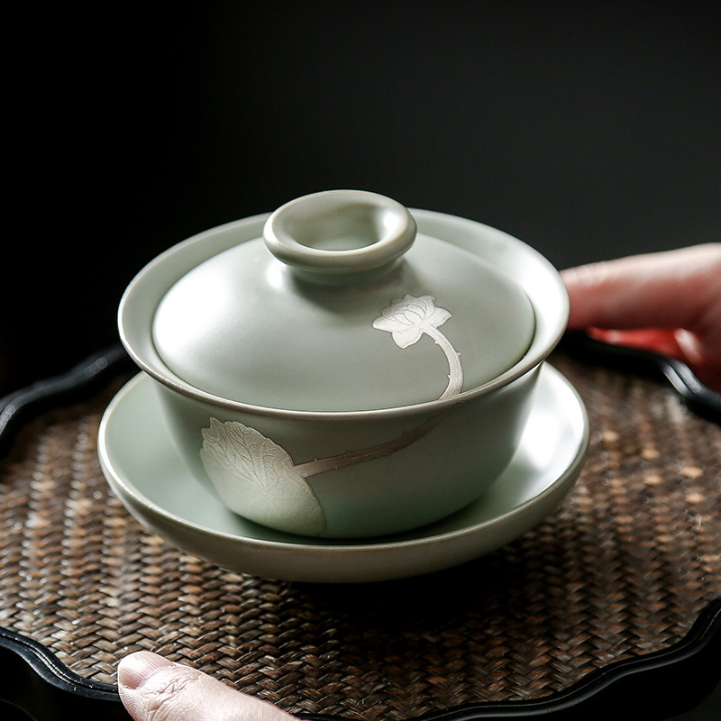 常生源 茶具 茶杯子盖碗仿宋汝窑开片泡茶三才碗茶杯 银荷汝窑盖碗