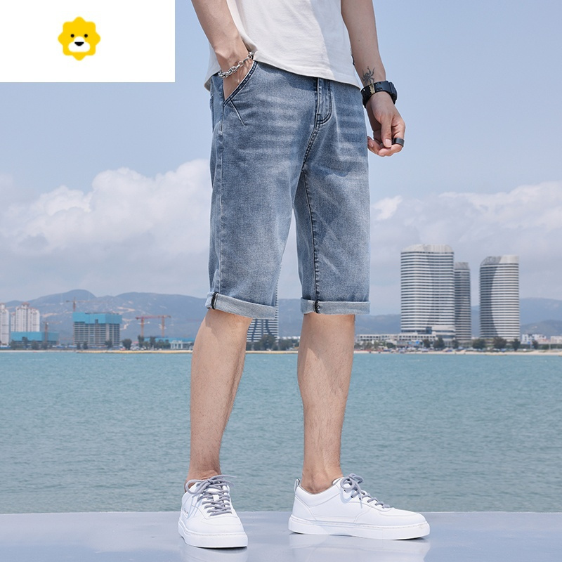 fishbasket牛仔短裤男季薄款男士韩版潮流休闲马裤潮牌浅色天七分中