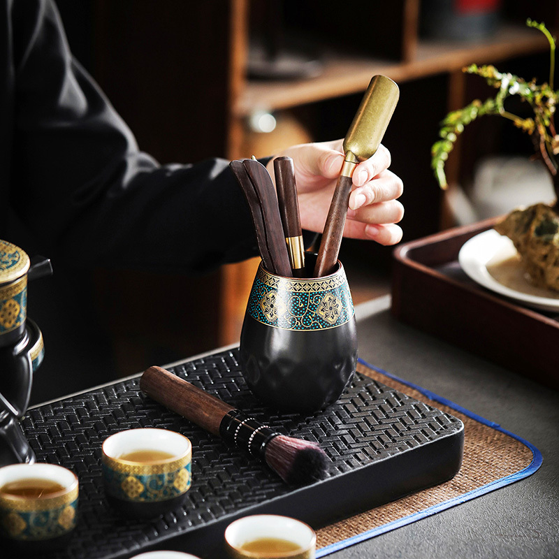 領藝 古韵懒人自动功夫茶具套装家用陶瓷石磨防烫冲泡茶器中式茶壶不带茶盘 [礼盒装]古韵自动茶具15头