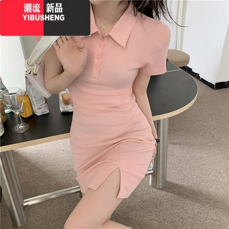 YIBUSHENGpolo领纯欲风连衣裙女季新款修身法式小众甜辣妹性感开叉包臀裙