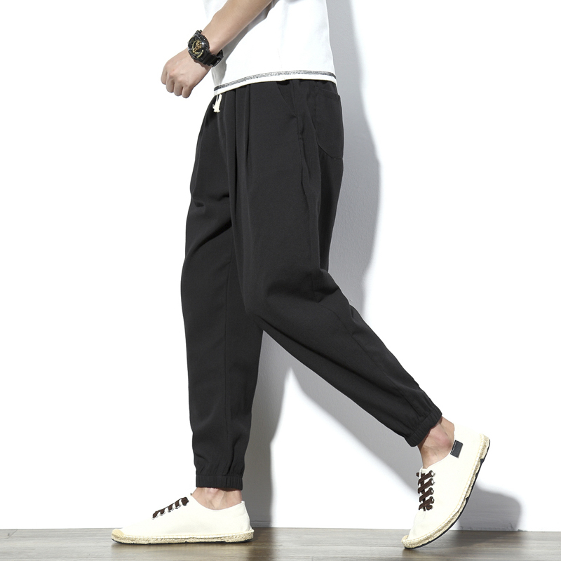 2018春夏年轻男士棉麻九分裤休闲裤宽松小脚萝卜裤青年修身哈伦裤