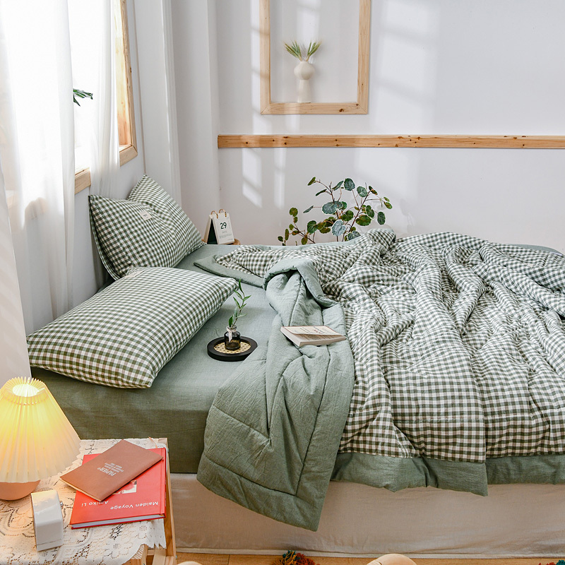 无印良品床上用品小清新四件套简约被罩床单三件套水洗棉时尚格子夏被