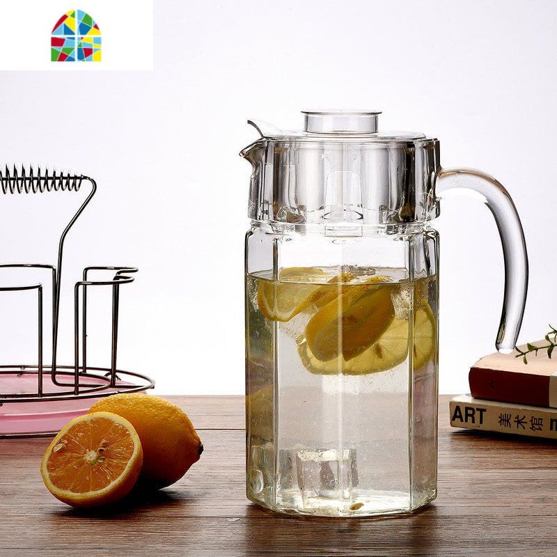 玻璃水壶耐热家用现代凉水杯大容量果汁饮料壶加厚套装创意ins风 FENGHOU 兰色八角壶1.1L(兰盖)+垫凉水壶图片