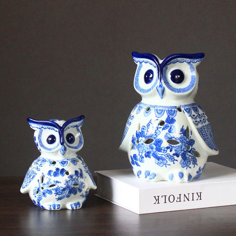 景德镇青花瓷陶瓷工艺品家居摆设猫头鹰摆件办公室桌面乔迁礼三维工匠