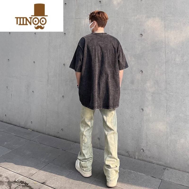 YANXU美式高街vibe水洗做旧黄泥染牛仔裤男潮ins直筒微喇显瘦堆积裤子高清大图