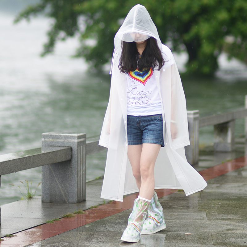 韩国时尚男女成人户外旅游徒步白色透明雨衣防水风衣长款连帽雨披