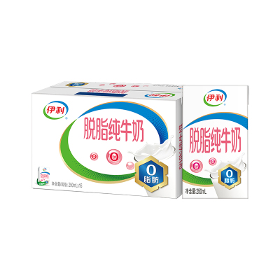 【9月生产】伊利 脱脂牛奶250ml*16盒/箱 零脂肪 好营养 整箱家庭装 礼盒装