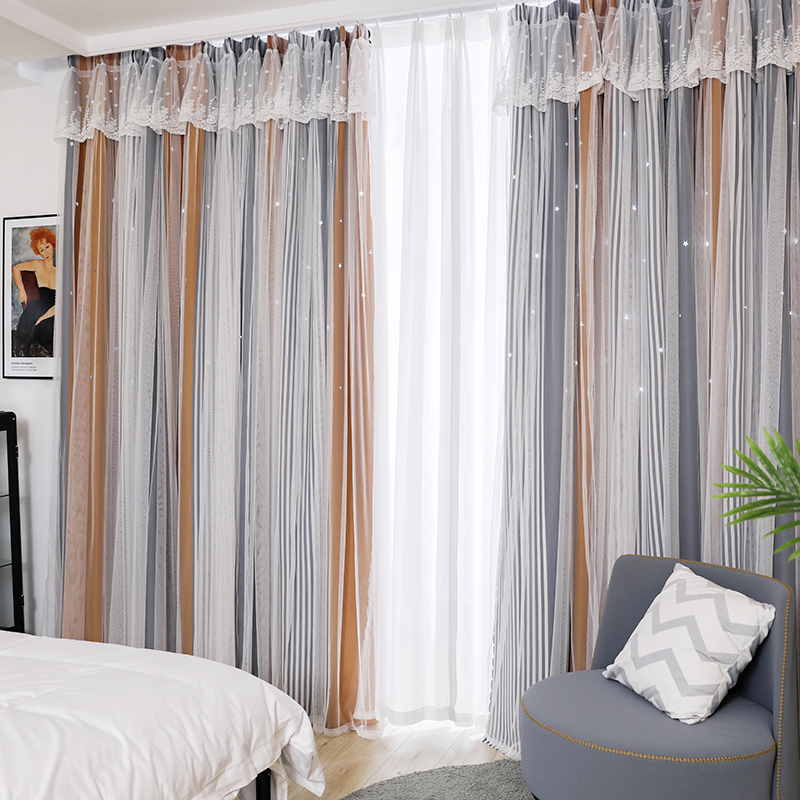 美帮汇2021新款镂空星星条纹遮光卧室客厅双层窗帘北欧现代简约 菲林琉璃灰橙星 2宽*2.7高一片挂钩【可改短】