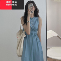 YIBUSHENG韩国chic无袖连衣裙女慵懒风松紧高腰大口袋设计宽松显瘦长裙计 S 蓝色