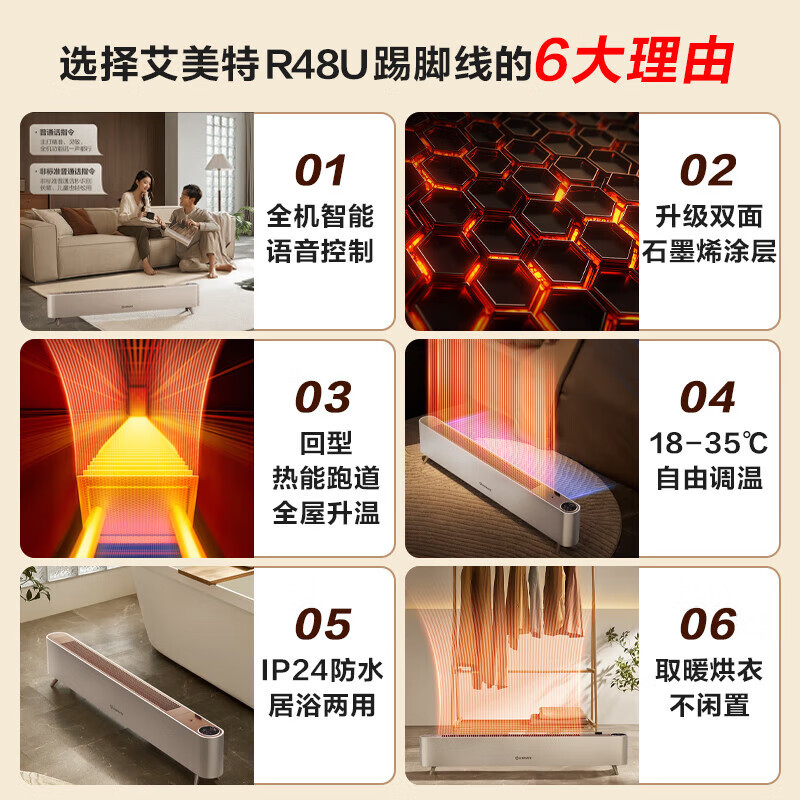 艾美特语音智能石墨烯踢脚线/取暖器/暖风机/电暖器/电暖气片 家用加湿节能防水移动地暖 HD22-R48U