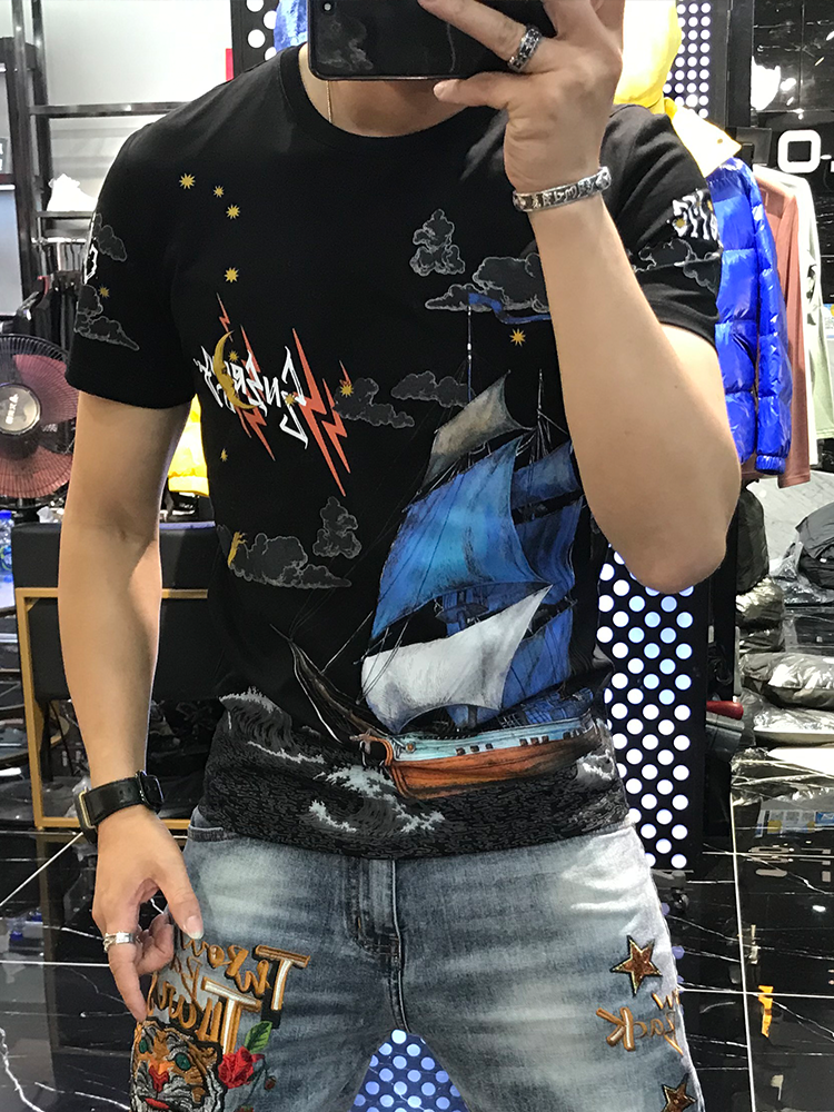 SUNTEK欧洲站丝光棉短袖t恤男网红潮流个性时尚印花青年修身棉打底衫T恤