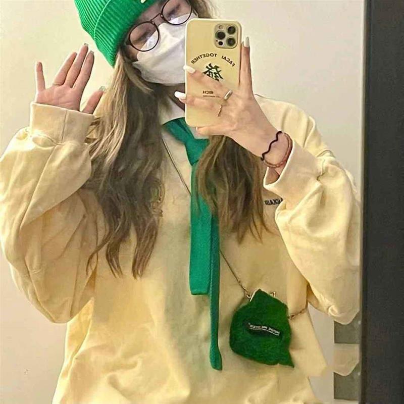 复古卫衣女秋季学生宽松慵懒风polo领长袖绿色领带外套上衣潮