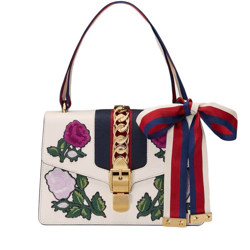 海外直邮gucci古驰女包sylvie系列白色小号刺绣花朵单肩包斜挎包手提