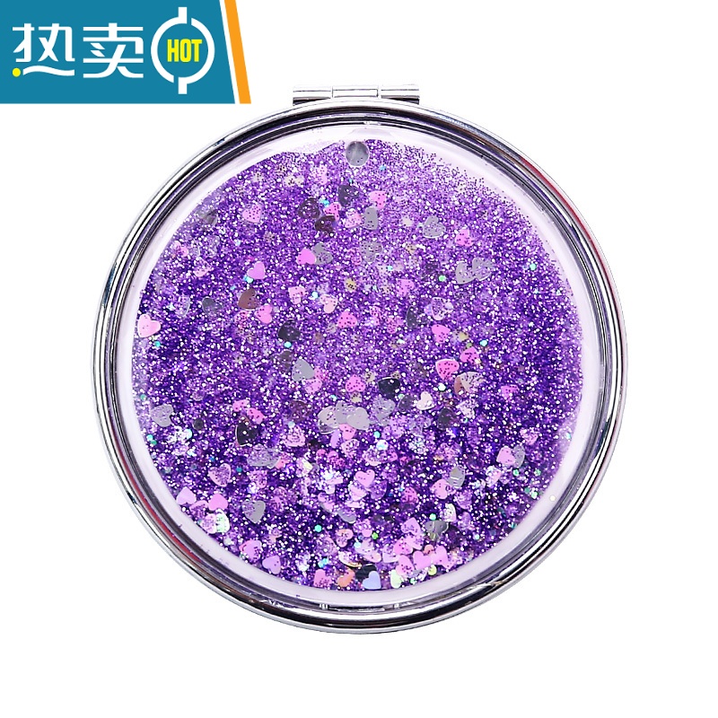 敬平少女心学生流沙双面放大镜子可爱手持小号便携随身翻盖折叠化妆镜 流沙化妆镜-粉色女孩便携式用镜高清大图