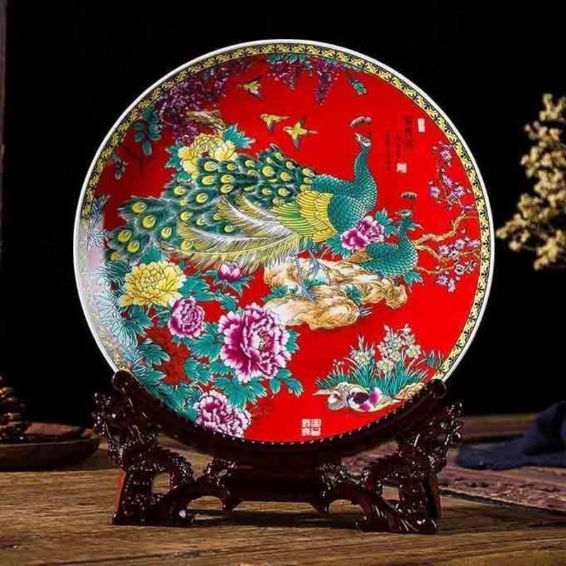 粉彩中式装饰盘子摆件景德镇陶瓷器挂盘现代家居装饰工艺品摆件 直径26厘米山川秀色+龙架