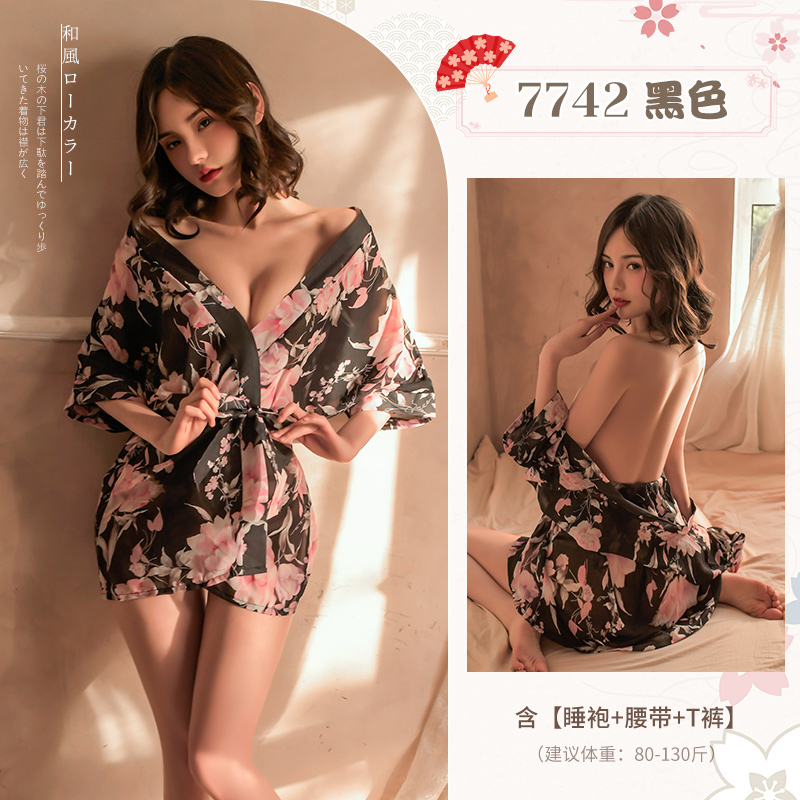 霏慕(Fee et moi)女式情趣睡衣7742 情趣内衣性感透视制服套装 性感内衣用品女雪纺透明清新雪纺印花睡袍浴袍 戴黑色睡袍【睡袍+腰带+T裤】 均码
