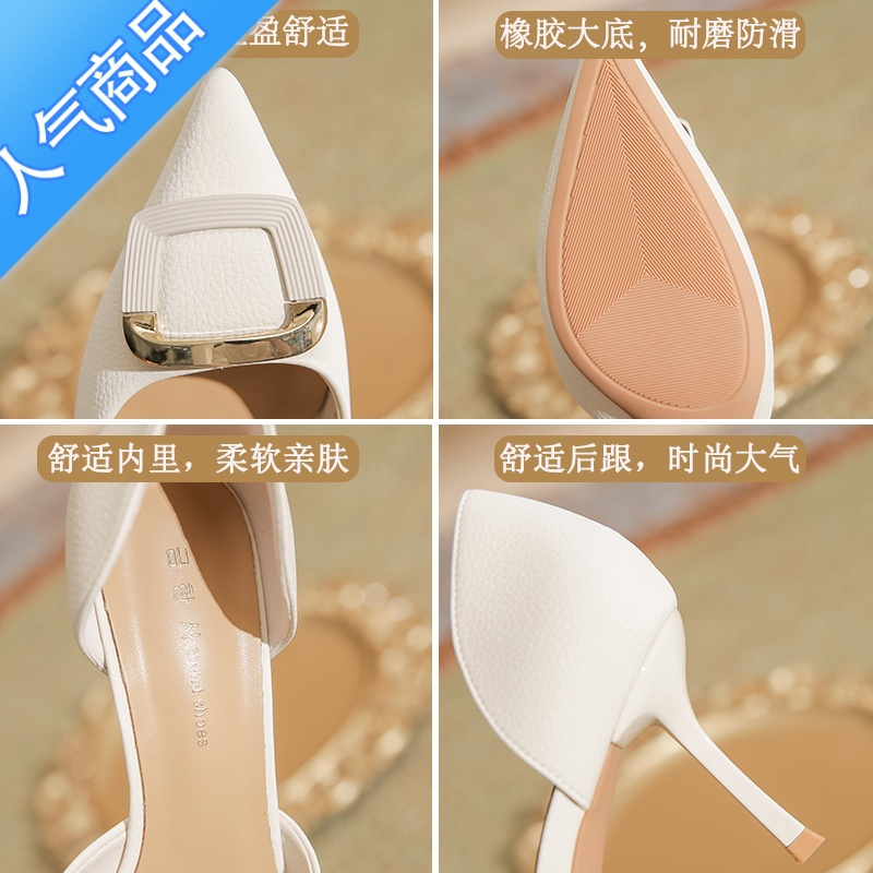 SUNTEK软皮单鞋女2023年夏季新款中空尖头方扣法式气质高跟鞋细跟工作鞋