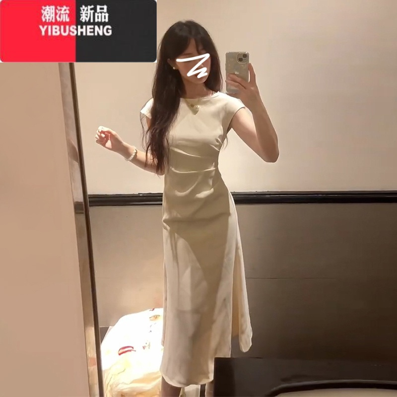 YIBUSHENG法式气质白色短袖连衣裙子女季2024新款设计感收腰鱼尾包臀长裙