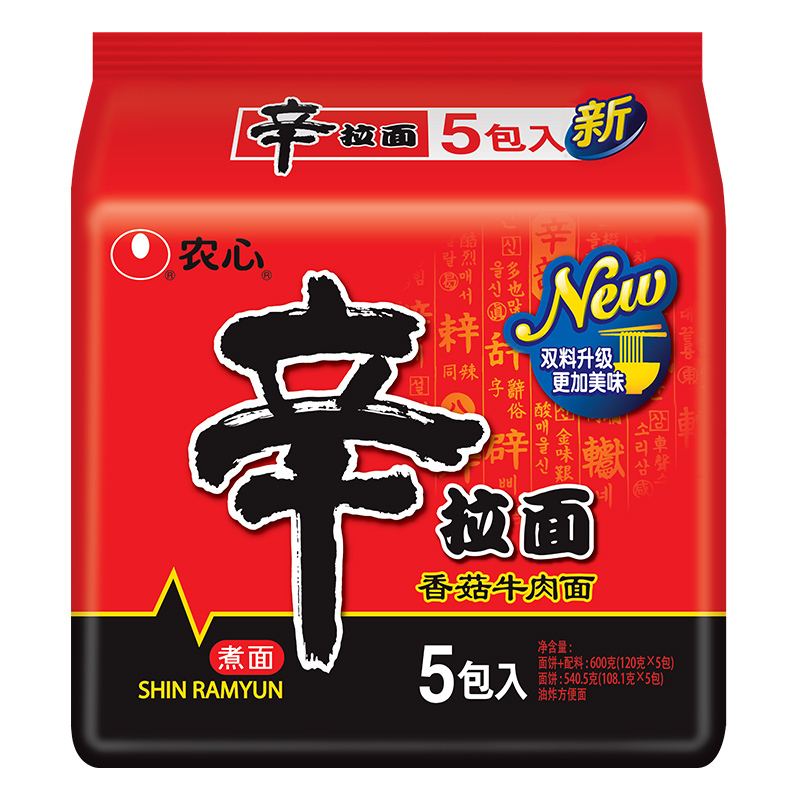 农心辛拉面120g*5袋五连包香菇牛肉面方便方便面