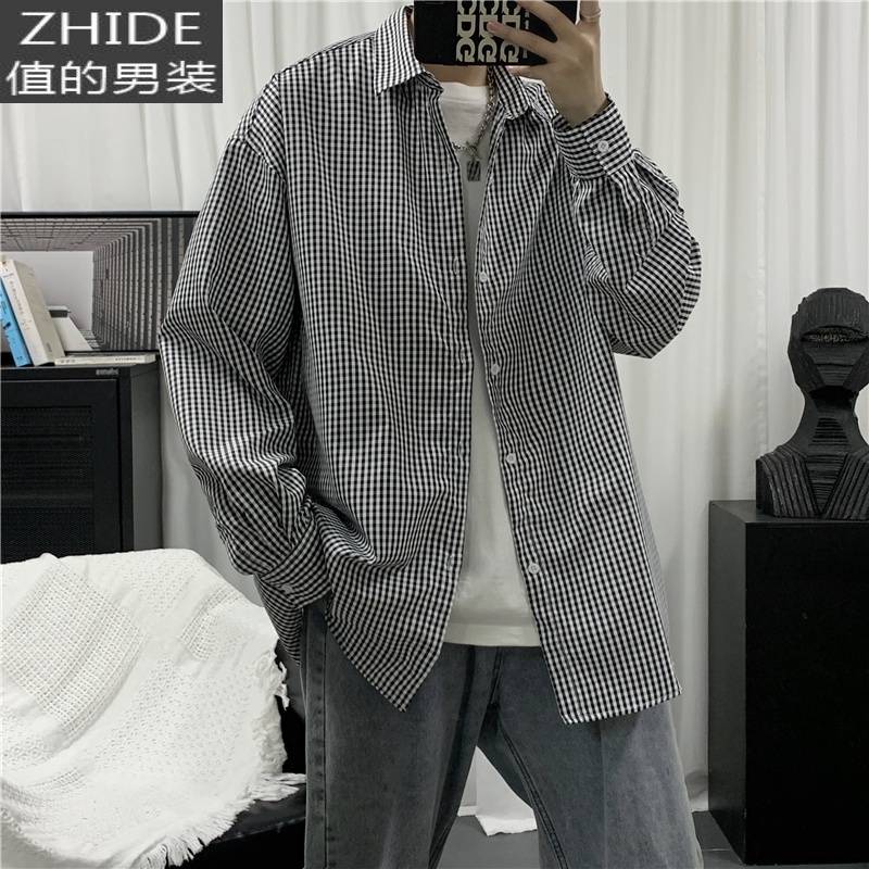 SUNTEK千鸟格子小众衬衫男高级感港风日系韩版潮流百搭宽松衬衣外套春装衬衫