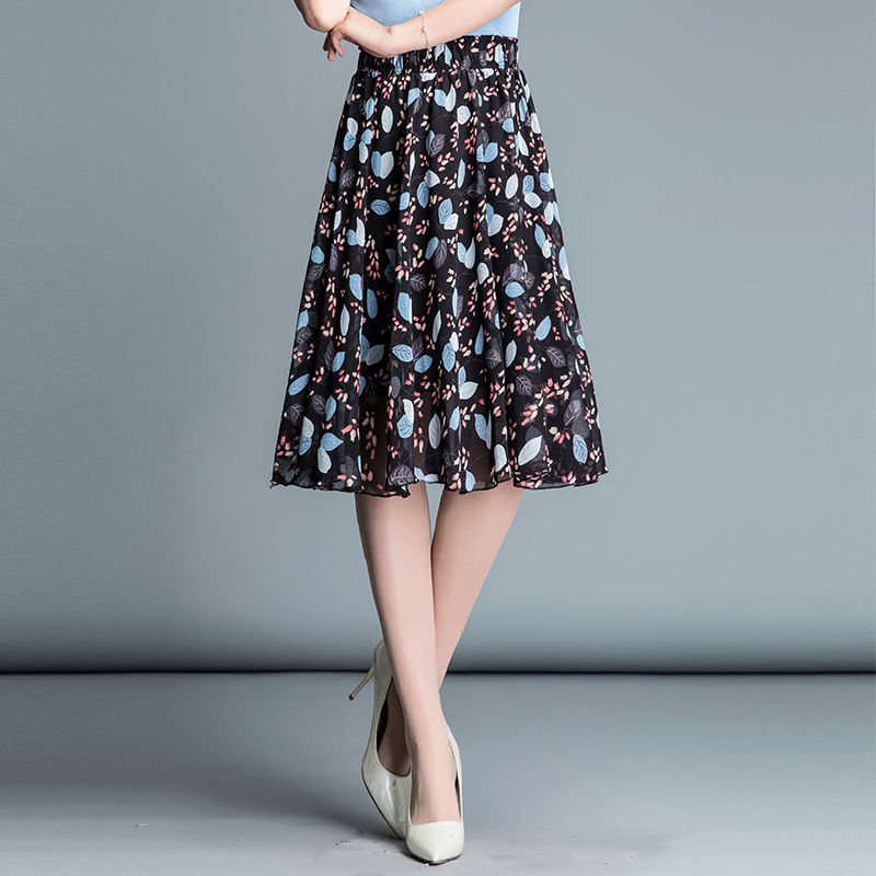雪纺半身裙女夏季中长款裙子女士松紧腰印花大摆仙女裙薄过膝女裙参数