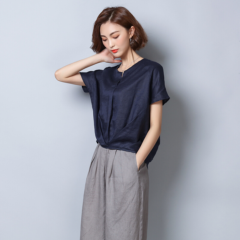 棉麻时尚套装女夏季韩版大码九分裤休闲亚麻宽松洋气阔腿裤两件套