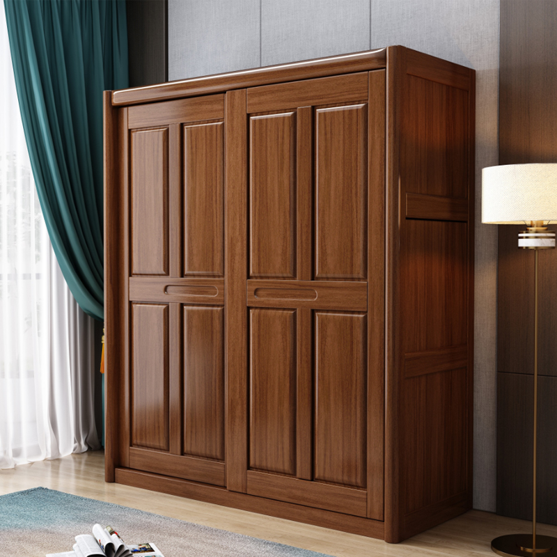 禧漫屋中式推拉门衣柜现代简约实木柜子家用卧室组装木质金丝胡桃木