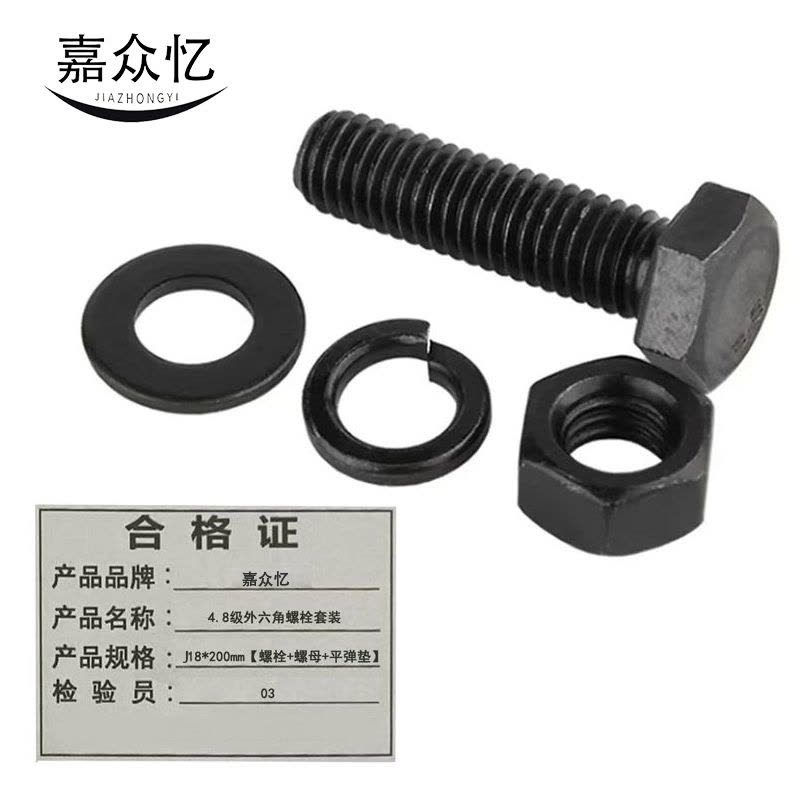 嘉众忆 4.8级外六角螺栓装 JZY-004 18*200mm[螺栓+螺母+平弹垫] /套图片