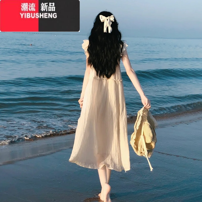 YIBUSHENG法式小个子飞袖白色连衣裙季2024新款旅游海边度假仙女沙滩长裙 杏色夏天2024新款/气质超好看连衣裙/慵懒度假风连衣裙/今 60/65kg/XL