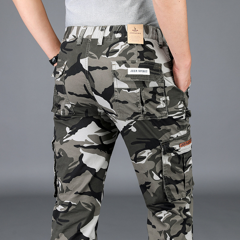 jeep吉普春夏季男工装休闲裤子户外宽松直筒男弹力多口袋松紧腰迷彩裤