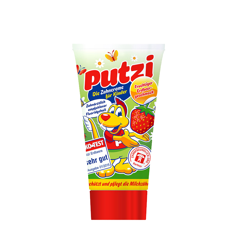 璞慈(Putzi)儿童可吞咽草莓味牙膏防蛀牙加钙50ml(低氟)适用于9个月-7岁德国原装进口两只装