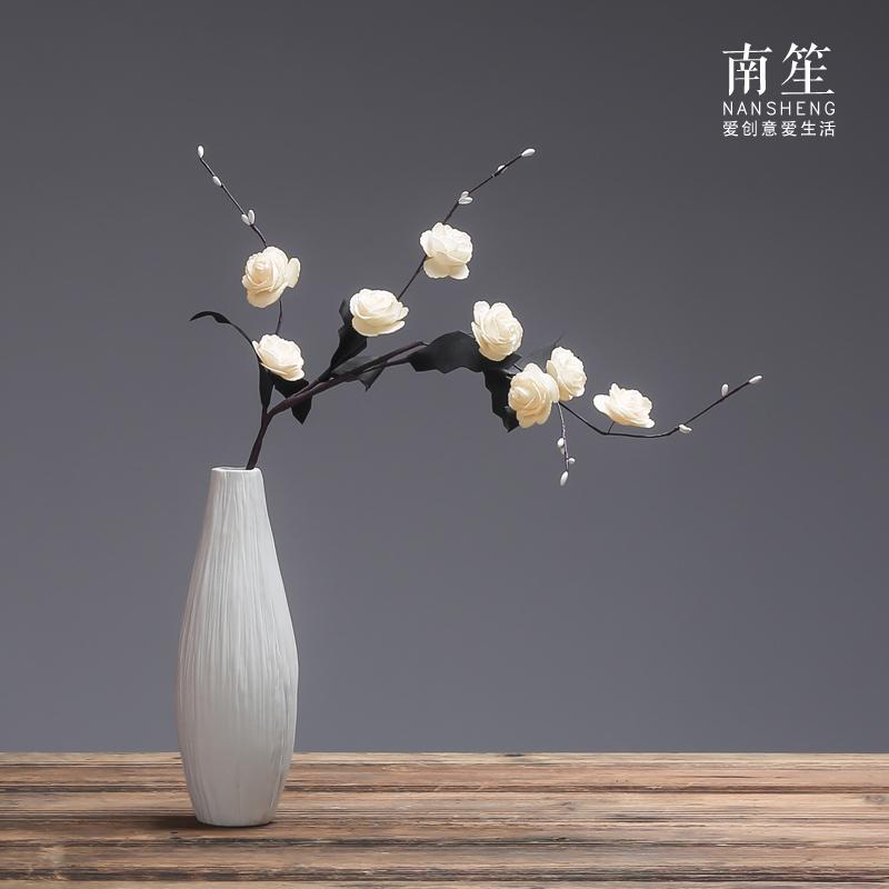 现代简约家居饰品仿真花干花假花陶瓷花瓶摆件台面插花花器收纳袋 三维工匠 【净瓶】+珍珠玫瑰5束_364_125