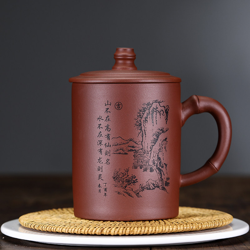 宜兴紫砂杯茶杯陶瓷主人杯手工大容量个人杯带盖家用泡茶杯定制 三维工匠 竹韵-山水图-550高清大图