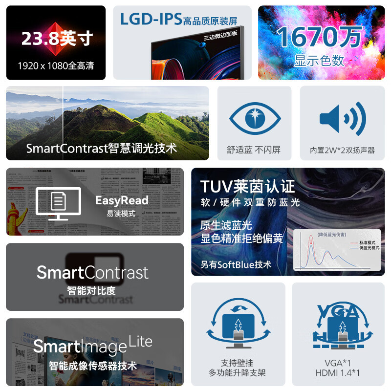 飞利浦(PHILIPS)23.8英寸100hz刷新 245S9RB 办公显示器 2K 低蓝光 HDMI+DP 旋转升降显示屏
