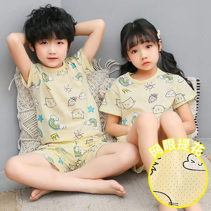[中大童网格套装]夏季呼吸网眼布透气女男空调服短裤睡衣家居服棉T恤儿童短袖套装