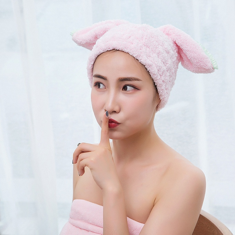 可爱干发帽女宝宝吸水速干儿童成人长发擦头发浴帽包头干发巾 三维工匠 玫红色卡伴兔耳帽