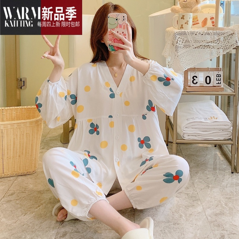 shanchao新款棉绸睡衣女款长袖网红夏季可爱少女生绵绸家居服套装