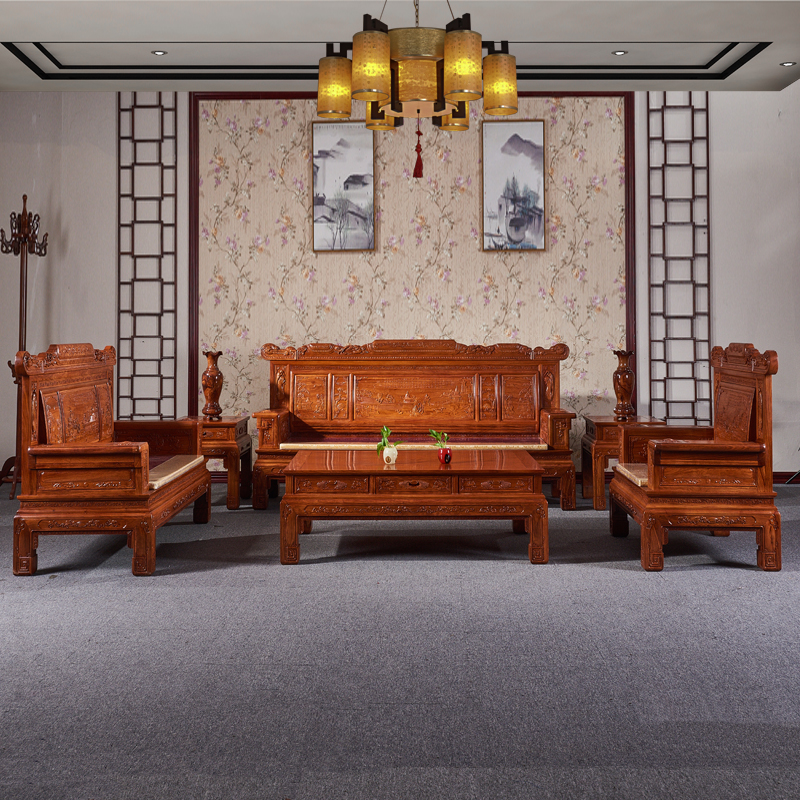 琪梦红木家具刺猬紫檀木沙发六件套中式雕花组合沙发全实木榫卯结构