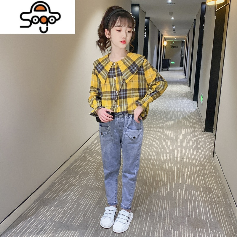 女童格子衬衫长袖春秋韩版儿童装衬衣洋气上衣时髦中大童外套秋装 七色王国