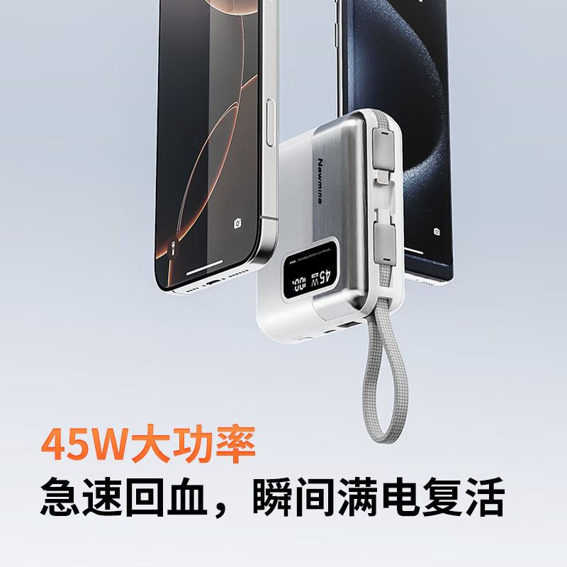 纽曼(Newmine)AL59充电宝3C认证|可上飞机20000毫安自带线45W/40W快充移动电源 白高清大图