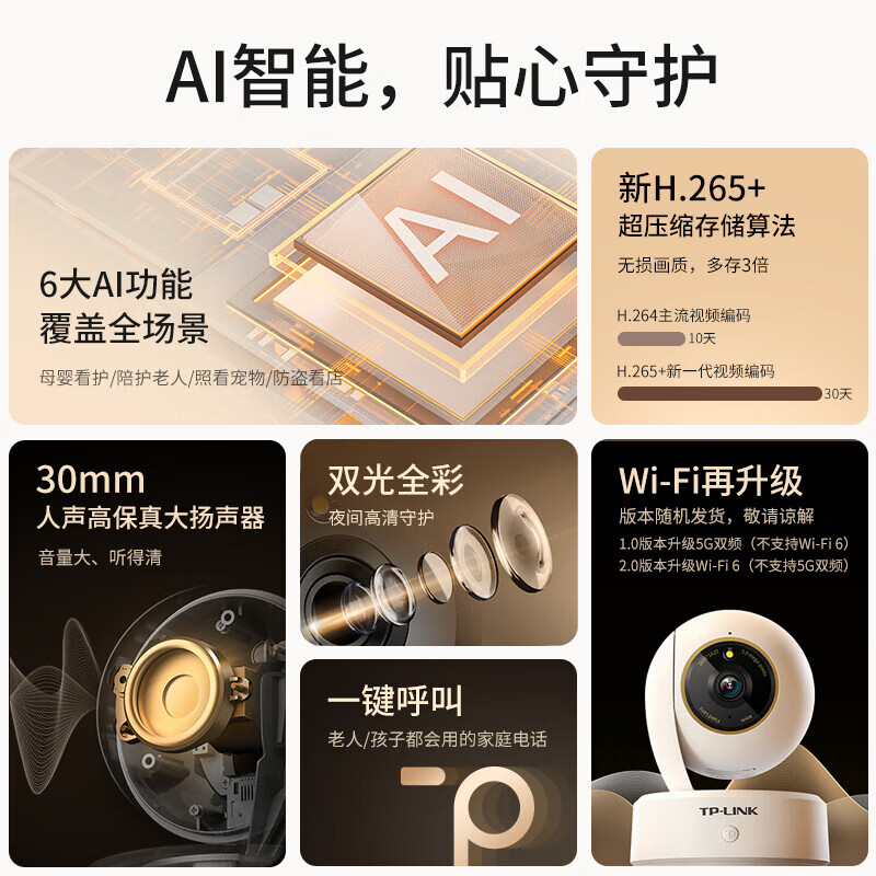 普联(TP-LINK)IPC45AW全彩Plus监控摄像头超清500万像素5G双频智能家用网络全景手机远程256G内存卡高清大图