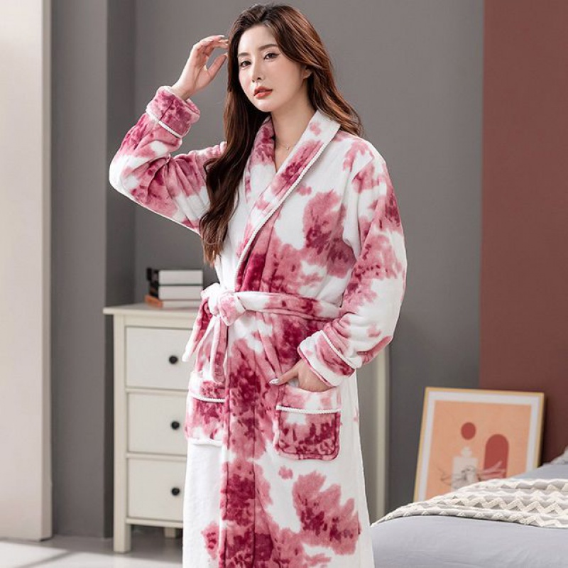 冬季法兰绒睡袍女秋冬季加厚加长款情侣女士珊瑚绒浴袍浴衣睡衣 水墨玫红 2XL